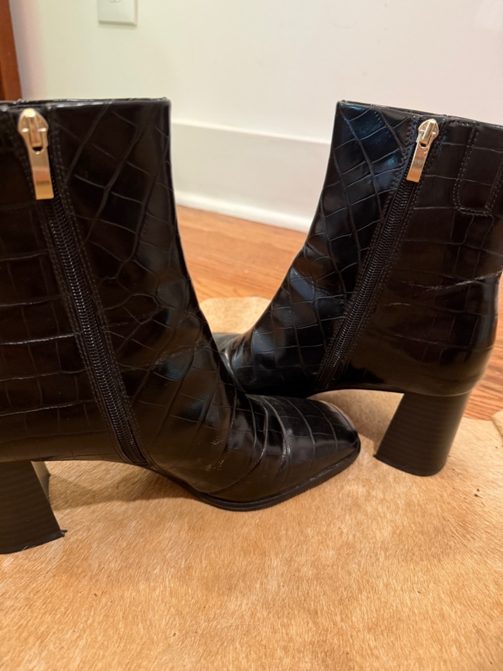 Croc-Embossed Black Ankle Booties with Block Heel